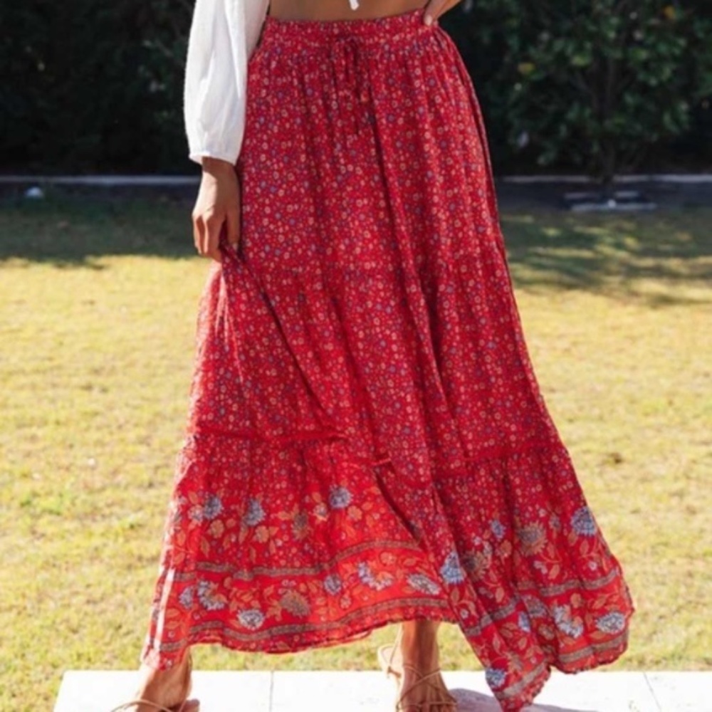 Bohemian Red Floral Print Gypsy Maxi Skirt - Picture 4 of 15